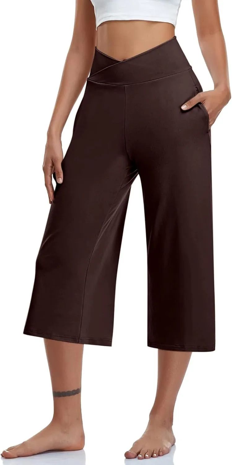 Capri Pants for Women Crossover Wide Leg Yoga Capris Tummy Control Yoga Capris with Pockets Casual Cropped Pants