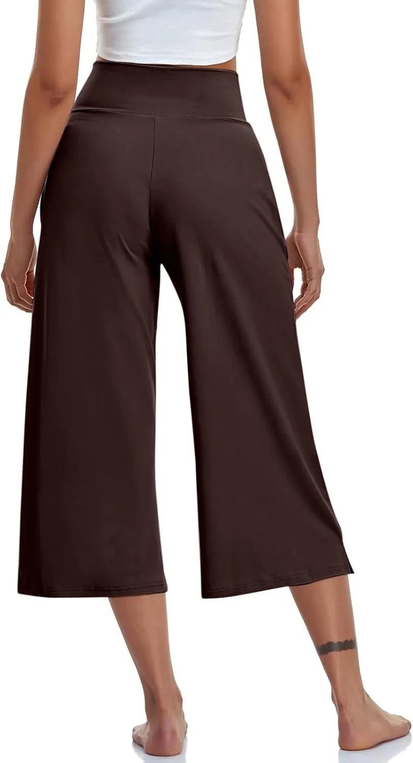 Capri Pants for Women Crossover Wide Leg Yoga Capris Tummy Control Yoga Capris with Pockets Casual Cropped Pants