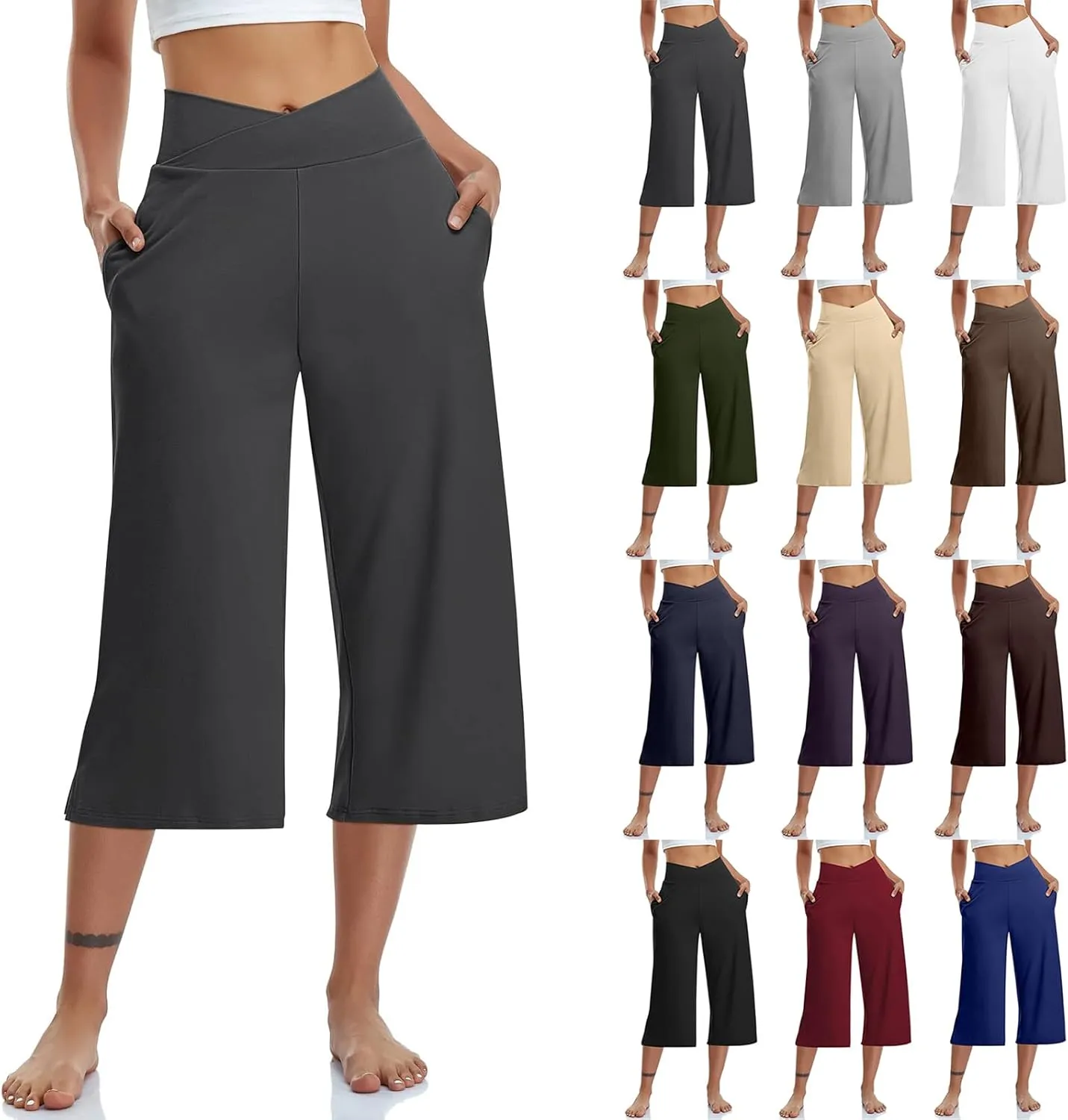 Capri Pants for Women Crossover Wide Leg Yoga Capris Tummy Control Yoga Capris with Pockets Casual Cropped Pants