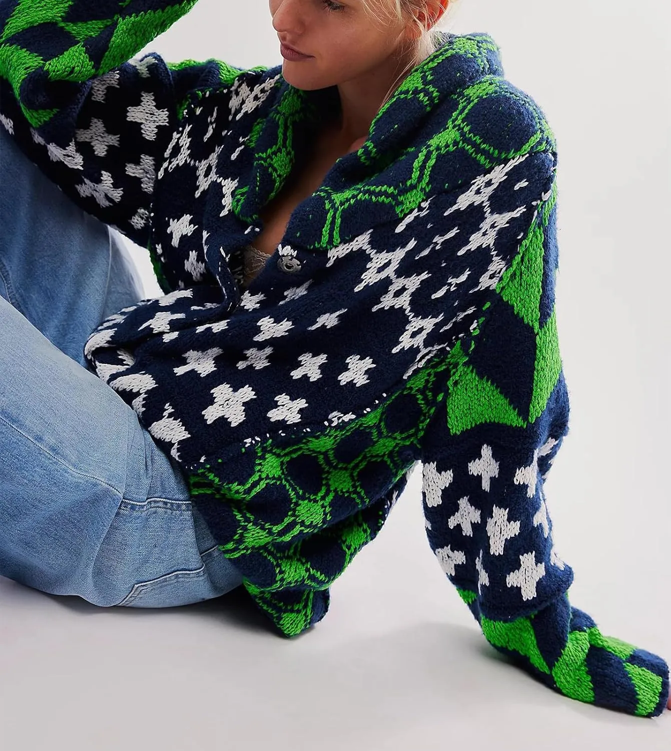 Cardigan Sweaters for Women Button Down Shawl Collar Oversized Sweater Coats Y2k Print Cardigans Fall Fashion