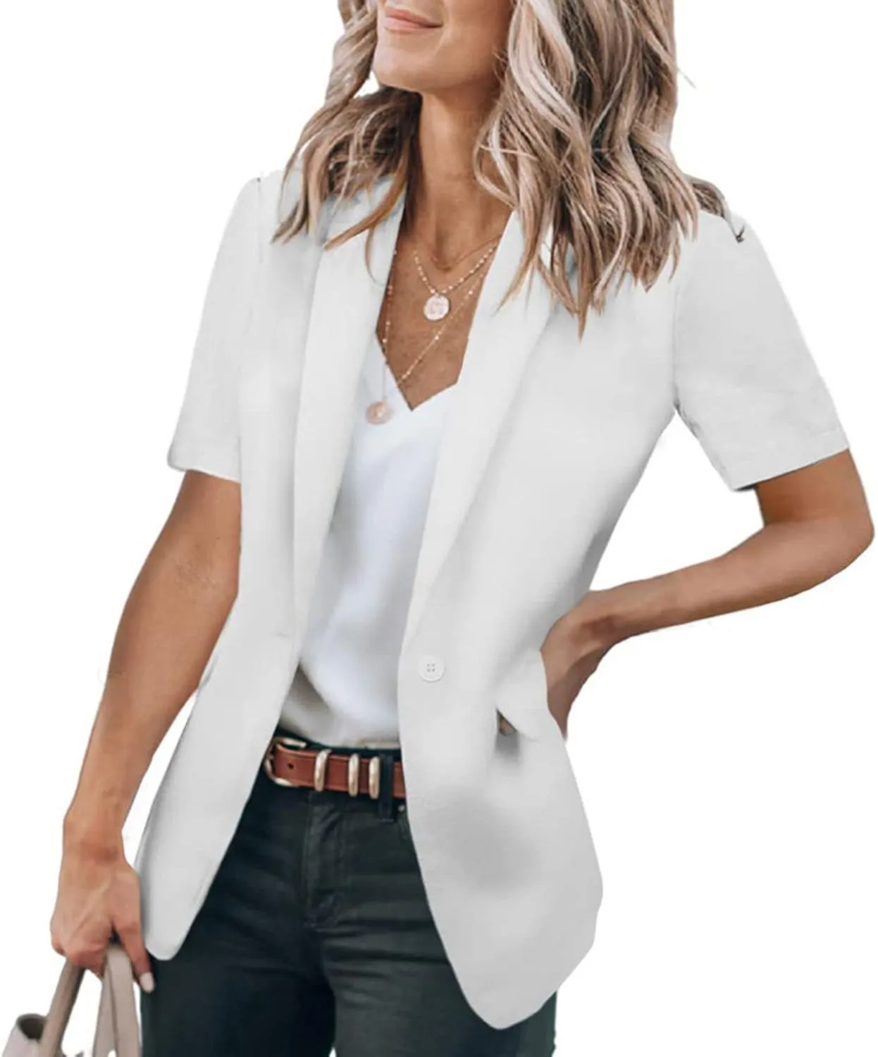 Casual Blazer for Women Trendy Short Sleeve Lapel One Button Jacket Blazers Summer Dressy Office Jackets with Pocket