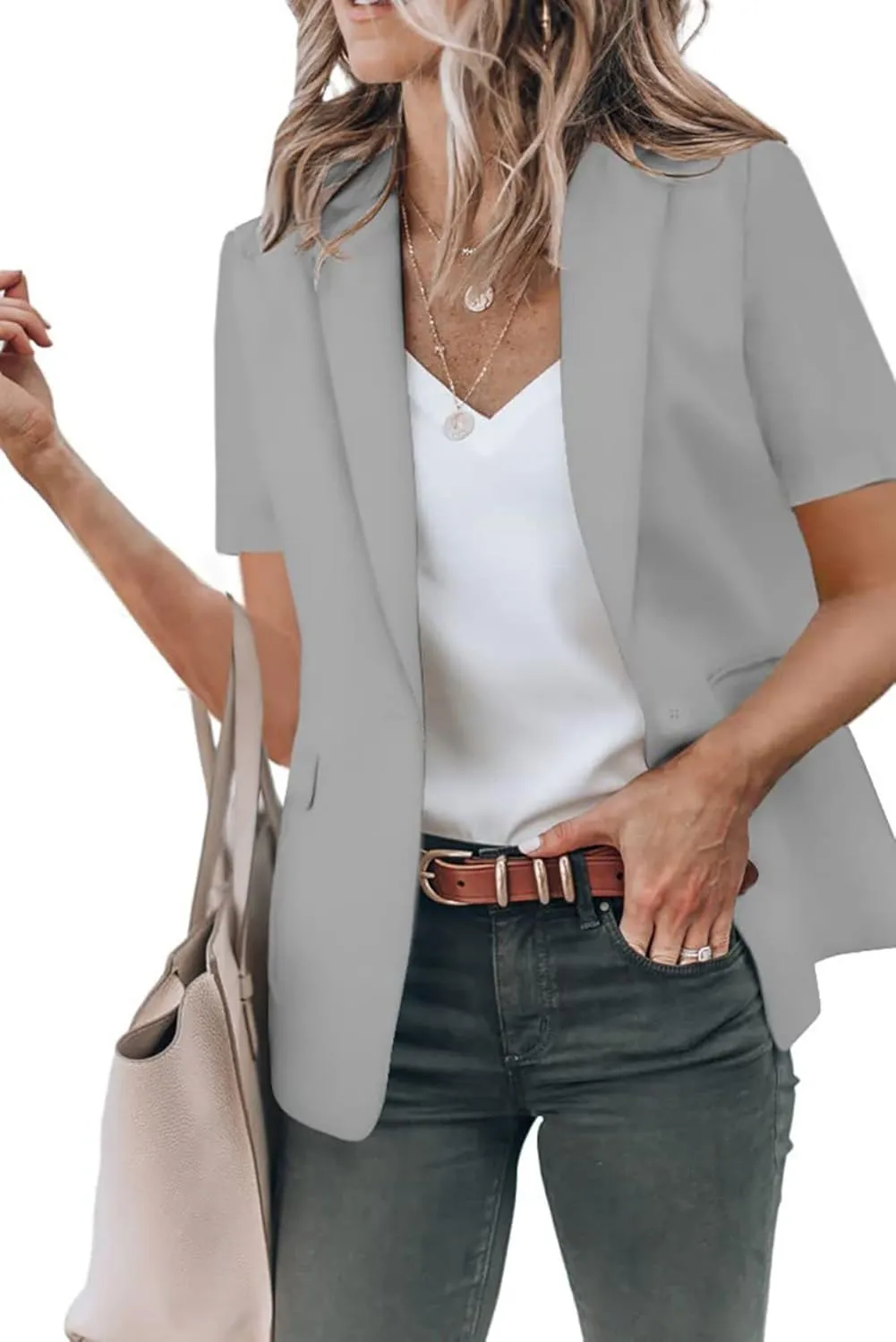 Casual Blazer for Women Trendy Short Sleeve Lapel One Button Jacket Blazers Summer Dressy Office Jackets with Pocket