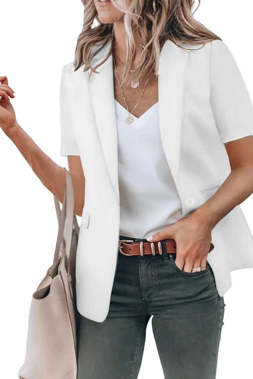 Casual Blazer for Women Trendy Short Sleeve Lapel One Button Jacket Blazers Summer Dressy Office Jackets with Pocket