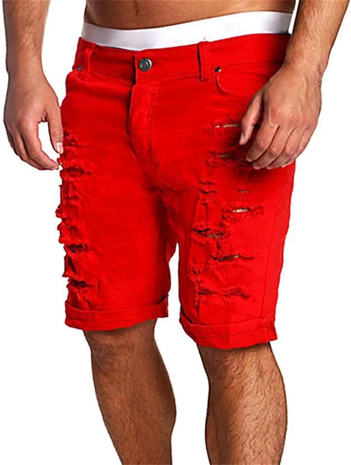 Casual Denim Shorts for Men Stretch Slim Fit Washed Distressed Hole Ripped Roll Up Hem Moto Biker Jean Shorts with Pockets