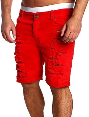 Casual Denim Shorts for Men Stretch Slim Fit Washed Distressed Hole Ripped Roll Up Hem Moto Biker Jean Shorts with Pockets