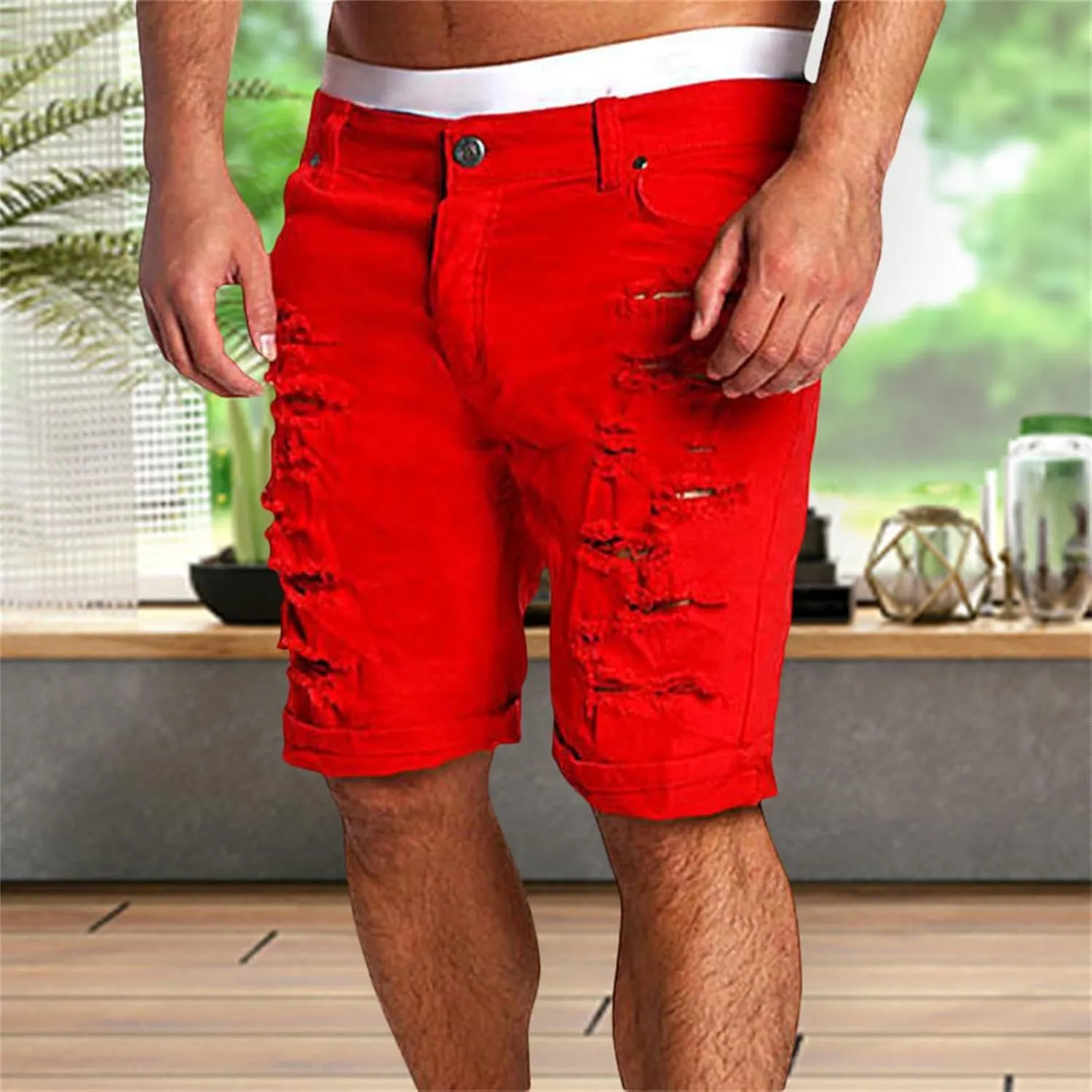 Casual Denim Shorts for Men Stretch Slim Fit Washed Distressed Hole Ripped Roll Up Hem Moto Biker Jean Shorts with Pockets