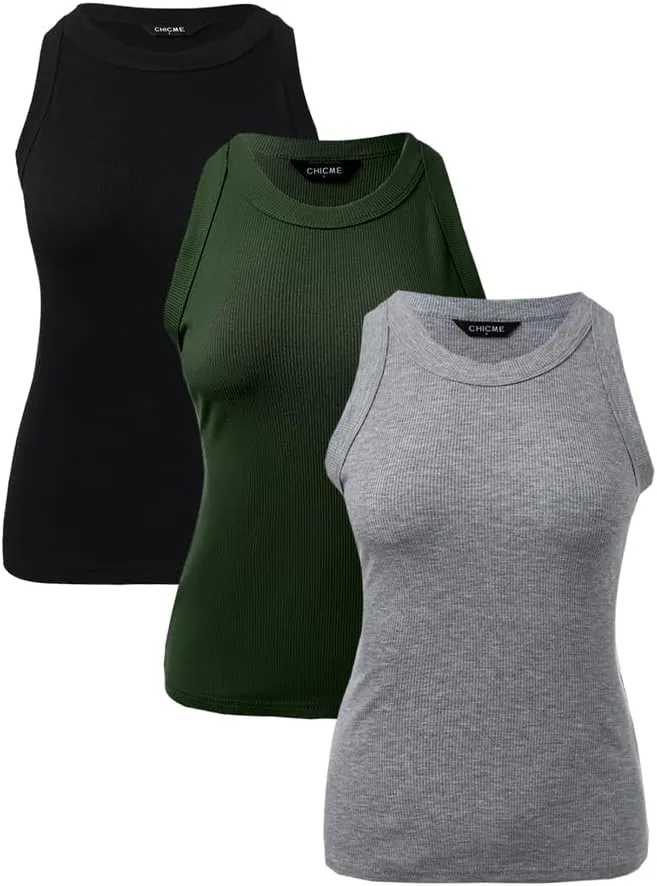 CHICME 3 Piece Womens Tank Tops Sleeveless Basic Cami Shirt Slim Knit Ribbed Racerback Blouses