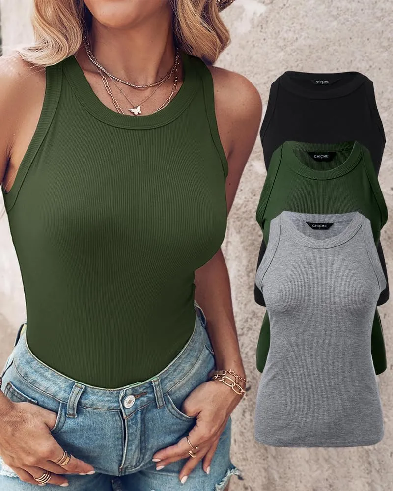 CHICME 3 Piece Womens Tank Tops Sleeveless Basic Cami Shirt Slim Knit Ribbed Racerback Blouses