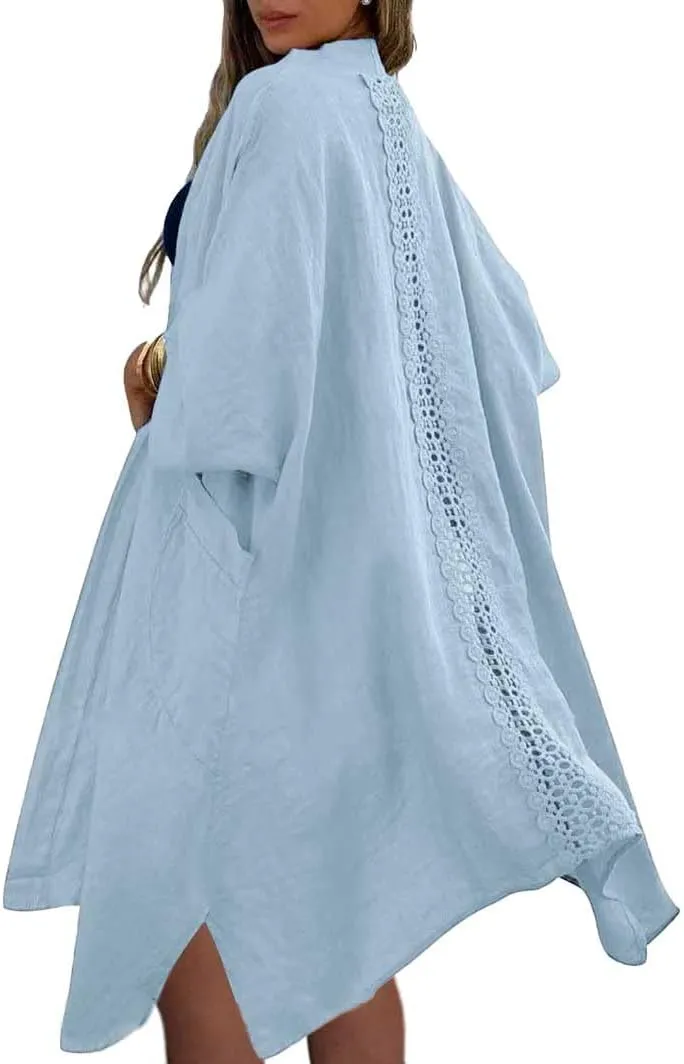 chouyatou Women's Boho Crochet Eyelet Open Front Irregular Long Cotton Beach Coverup Cardigan Shirt Blouses