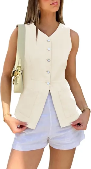 Cicy Bell Womens Button Down Vest Tops Summer Fitted Sleeveless Tank Tops Dressy Casual Business Waistcoat