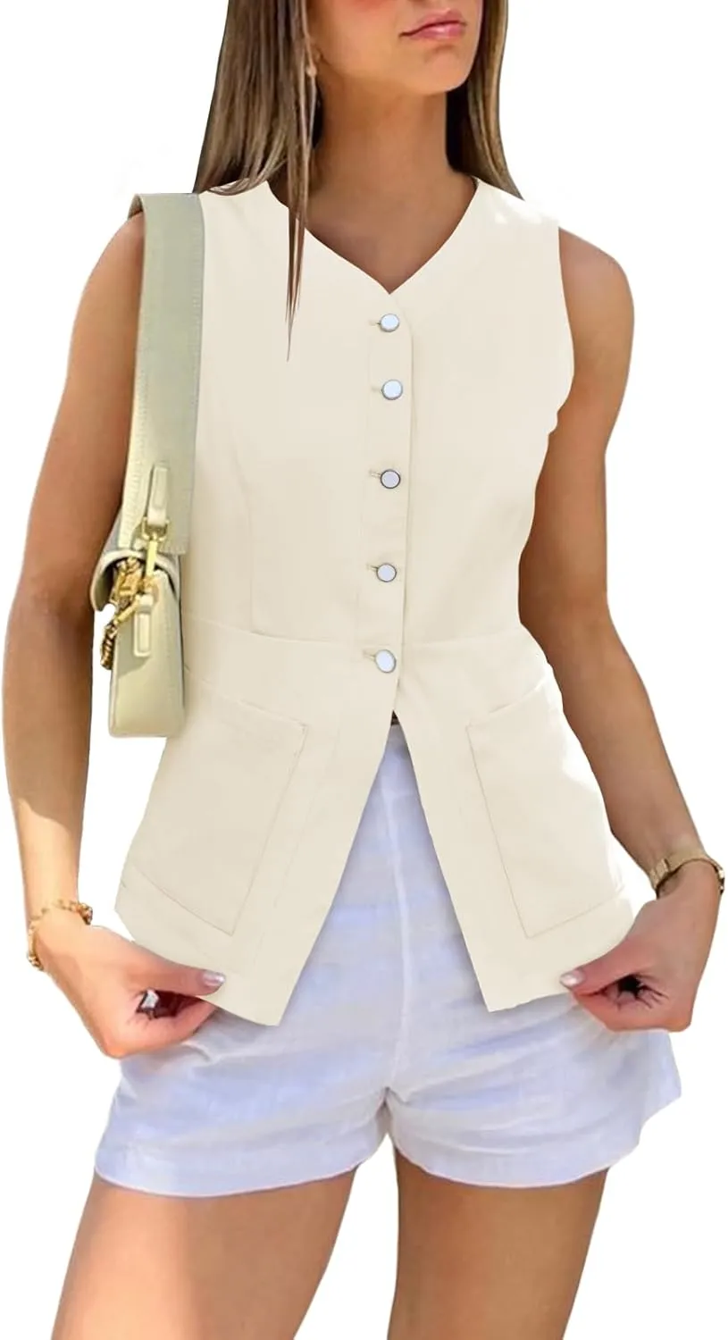 Cicy Bell Womens Button Down Vest Tops Summer Fitted Sleeveless Tank Tops Dressy Casual Business Waistcoat