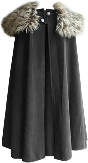 Cloak Coat for Men Winter Warm Gothic Wool Faux Fur Collar Long Cape Cloak Vintage Medieval Viking Fleece Jacket