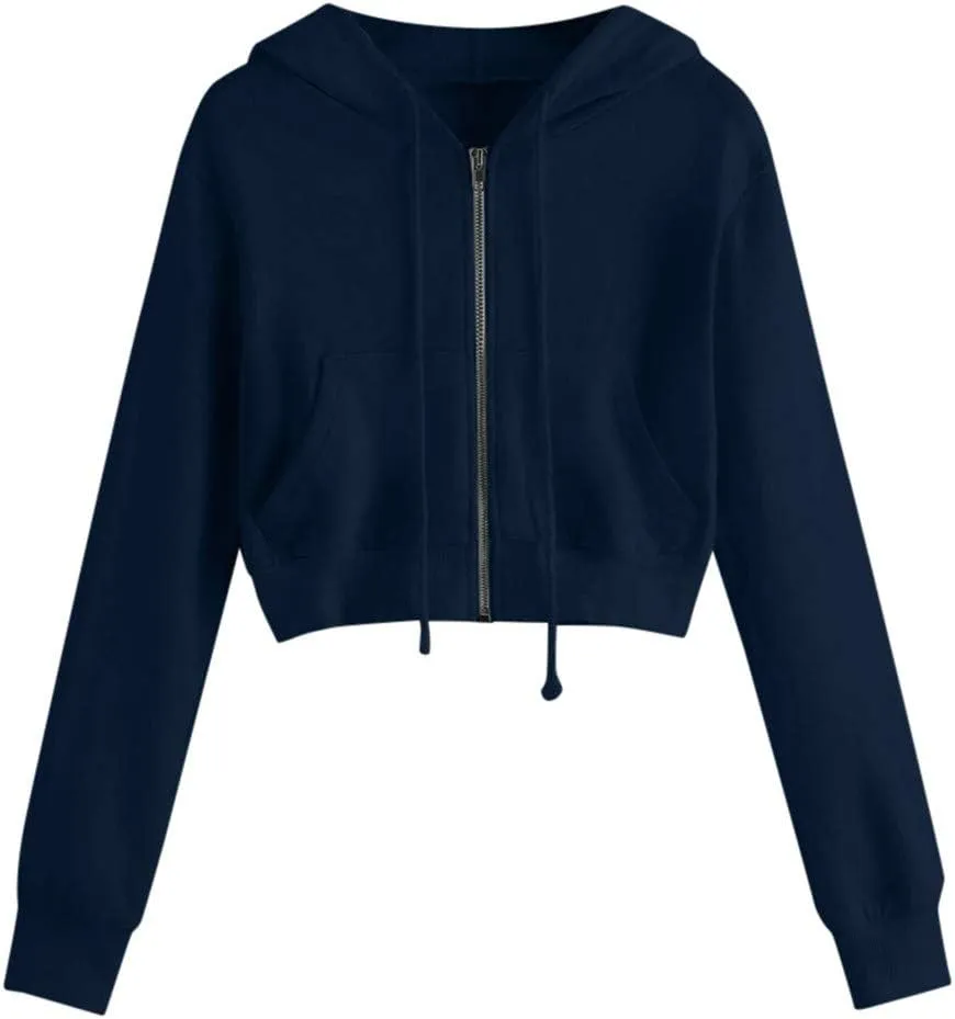 cooki Cropped Hoodies for Teen Girls Hoodies for Women Long Sleeve Solid Sweatshirts with Pockets Casual Crop Pullover Hoodie