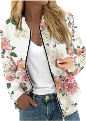 COTECRAM Bomber Jacket Women 2024 Causal Floral Zip Up Coats Long Sleeve Stand Collar Fall Jackets Lightweight Outerwear Tops