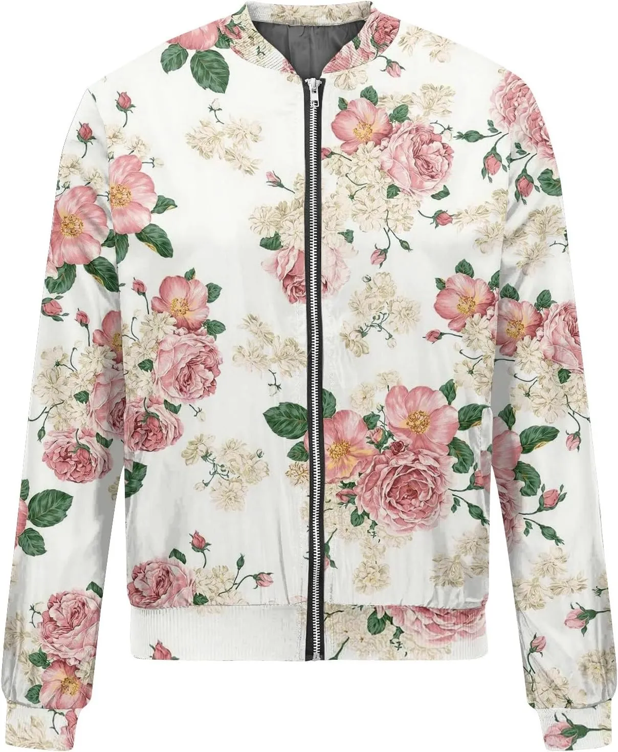 COTECRAM Bomber Jacket Women 2024 Causal Floral Zip Up Coats Long Sleeve Stand Collar Fall Jackets Lightweight Outerwear Tops