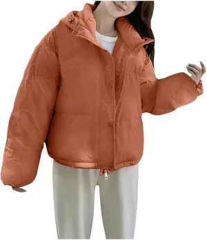 Cotton Padded Coats for Women Fashion Winter Cropped Hooded Puffer Jacket Zip Up Button Parka Jacket with Pockets