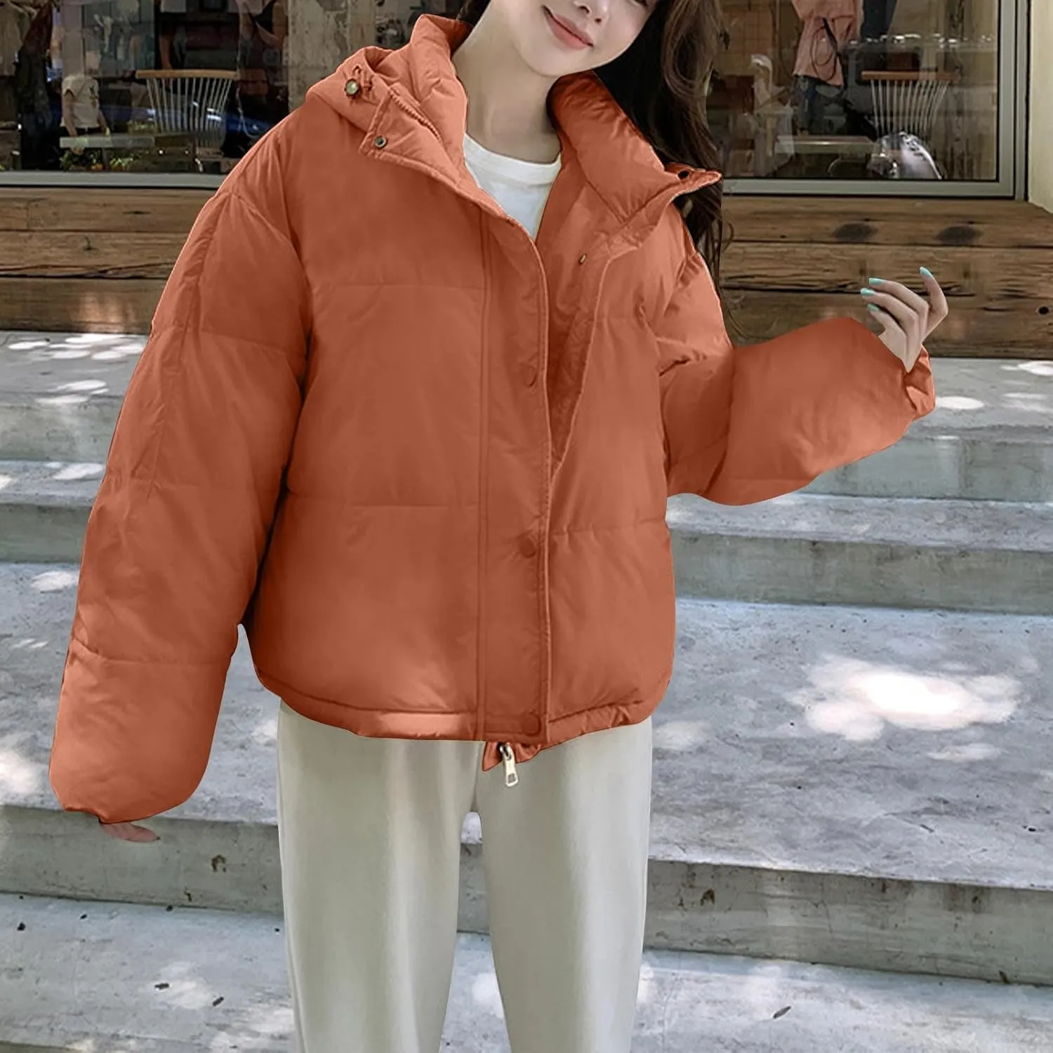 Cotton Padded Coats for Women Fashion Winter Cropped Hooded Puffer Jacket Zip Up Button Parka Jacket with Pockets