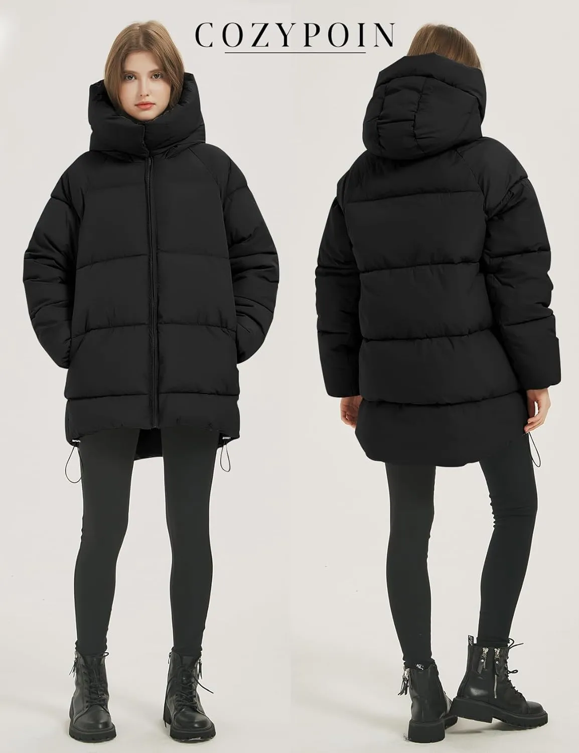 COZYPOIN Womens Hooded Quilted Puffer Jacket Mid-Length Thicken Waterproof Down Padded Warm Coat Winter Outerwear