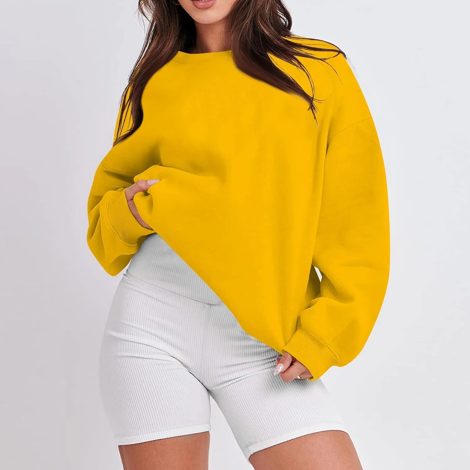 Crew Neck Sweatshirts Women Fleece Pullover Oversized Crewneck Sweatshirt Preppy Drop Shoulder Plain Y2K Hoodie
