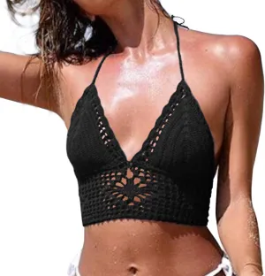 Crochet Halter Tops for Women Backless Camisole Knit Bra Tops Bralette Summer Beachwear