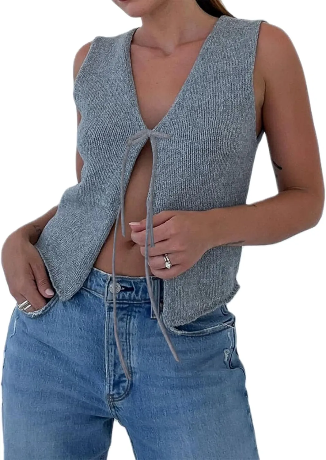 Crochet Knitted Vest for Women Vintage Y2K Hollow Out Button Down Cardigan Retro Crochet Knit Tank Vest
