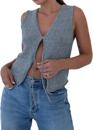 Crochet Knitted Vest for Women Vintage Y2K Hollow Out Button Down Cardigan Retro Crochet Knit Tank Vest