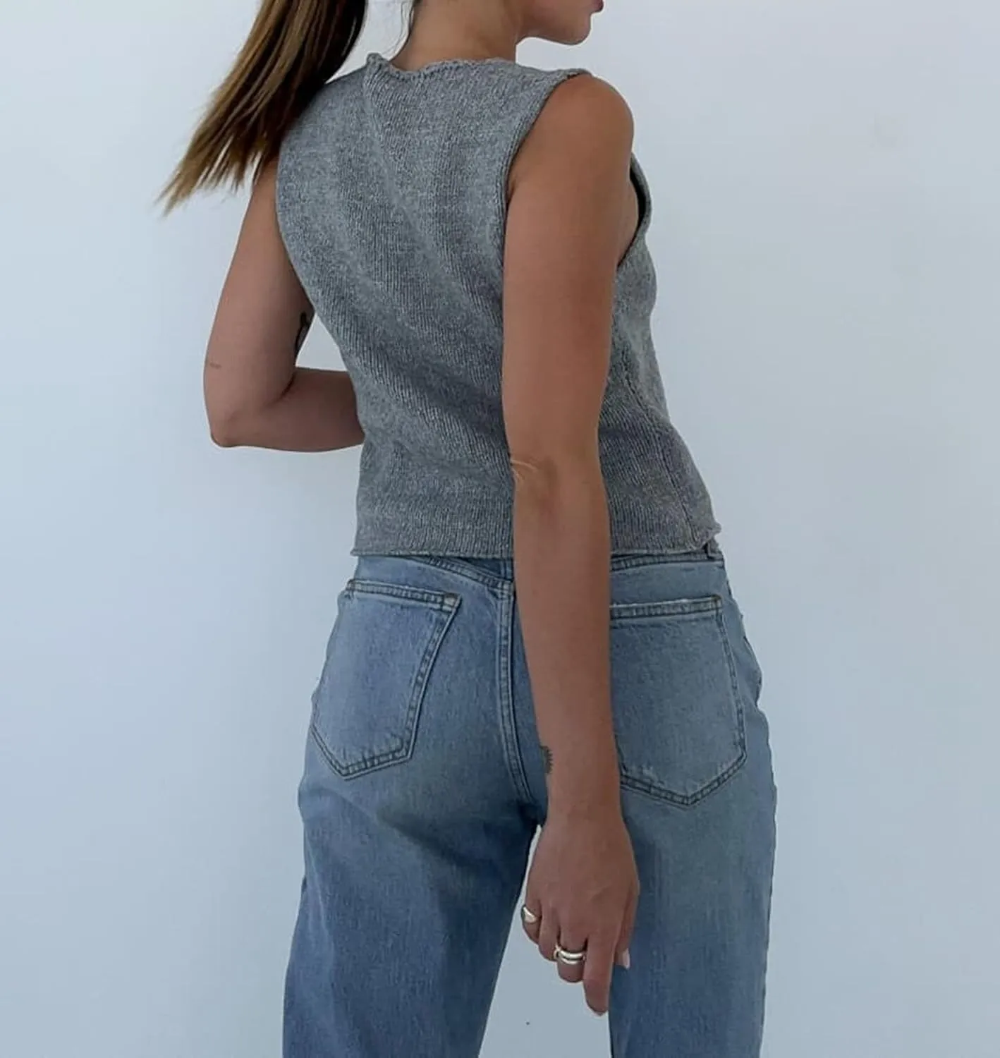Crochet Knitted Vest for Women Vintage Y2K Hollow Out Button Down Cardigan Retro Crochet Knit Tank Vest