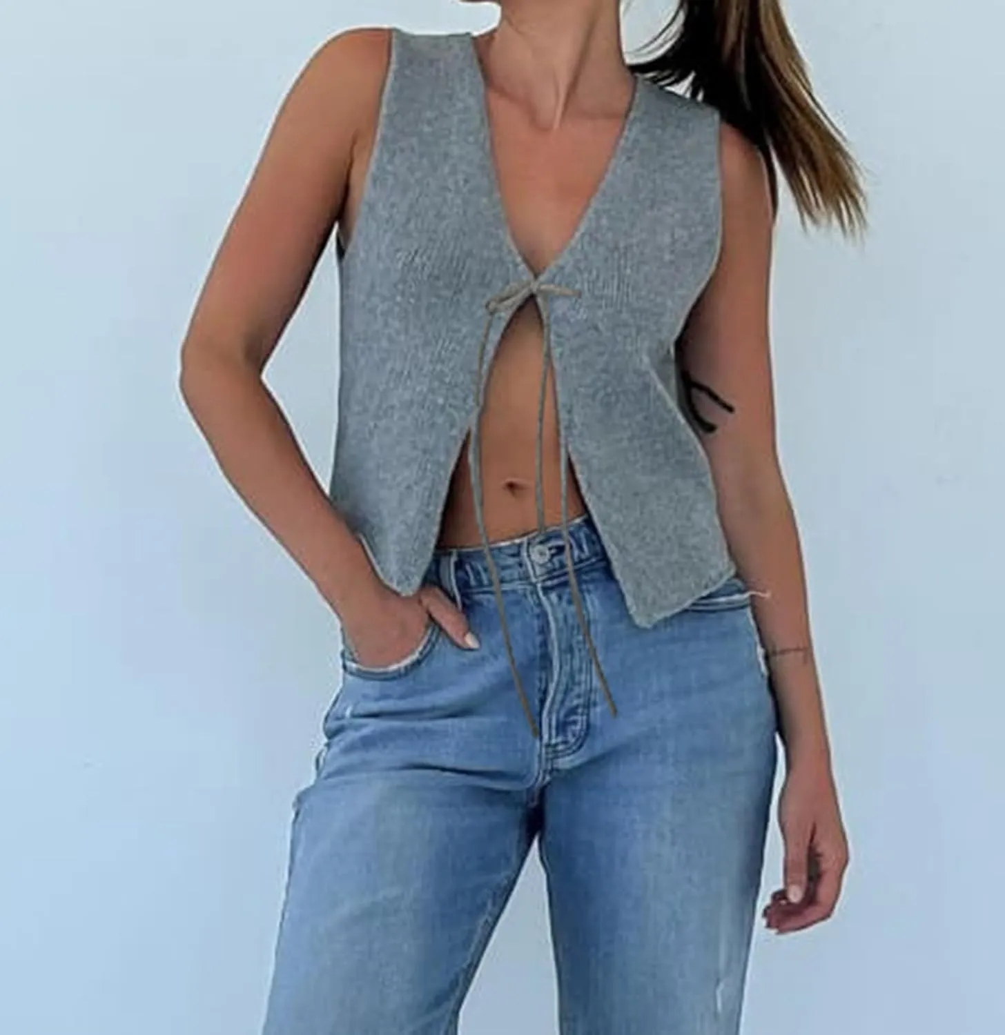Crochet Knitted Vest for Women Vintage Y2K Hollow Out Button Down Cardigan Retro Crochet Knit Tank Vest