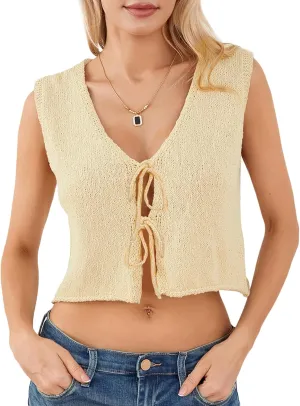 Crochet Knitted Vest for Women Vintage Y2K Hollow Out Button Down Cardigan Retro Crochet Knit Tank Vest