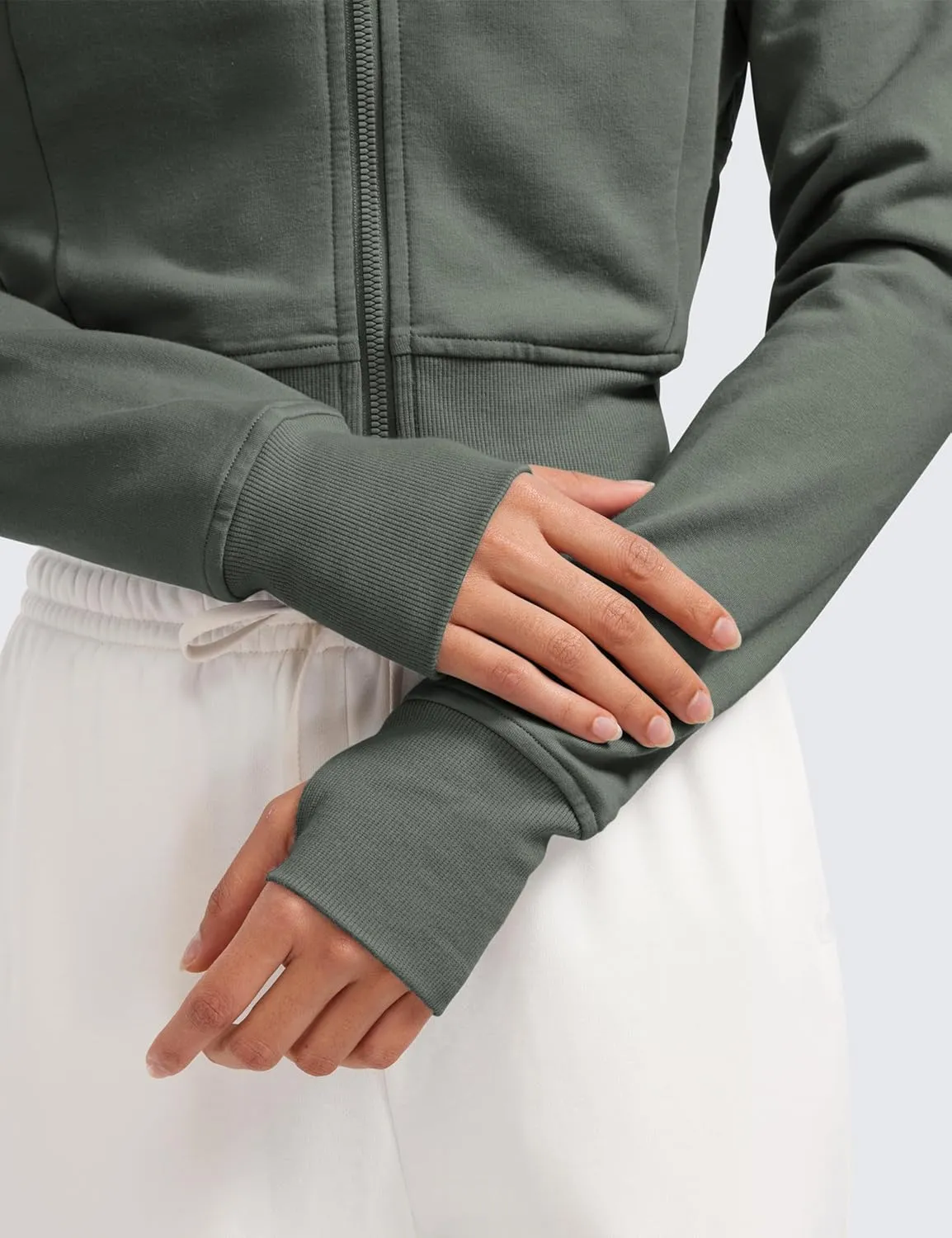 CRZ YOGA Womens Fleece Zip Up Cropped Hoodie Workout Jacket Athletic Casual Long Sleeve Sweatshirts with Thumb Holes