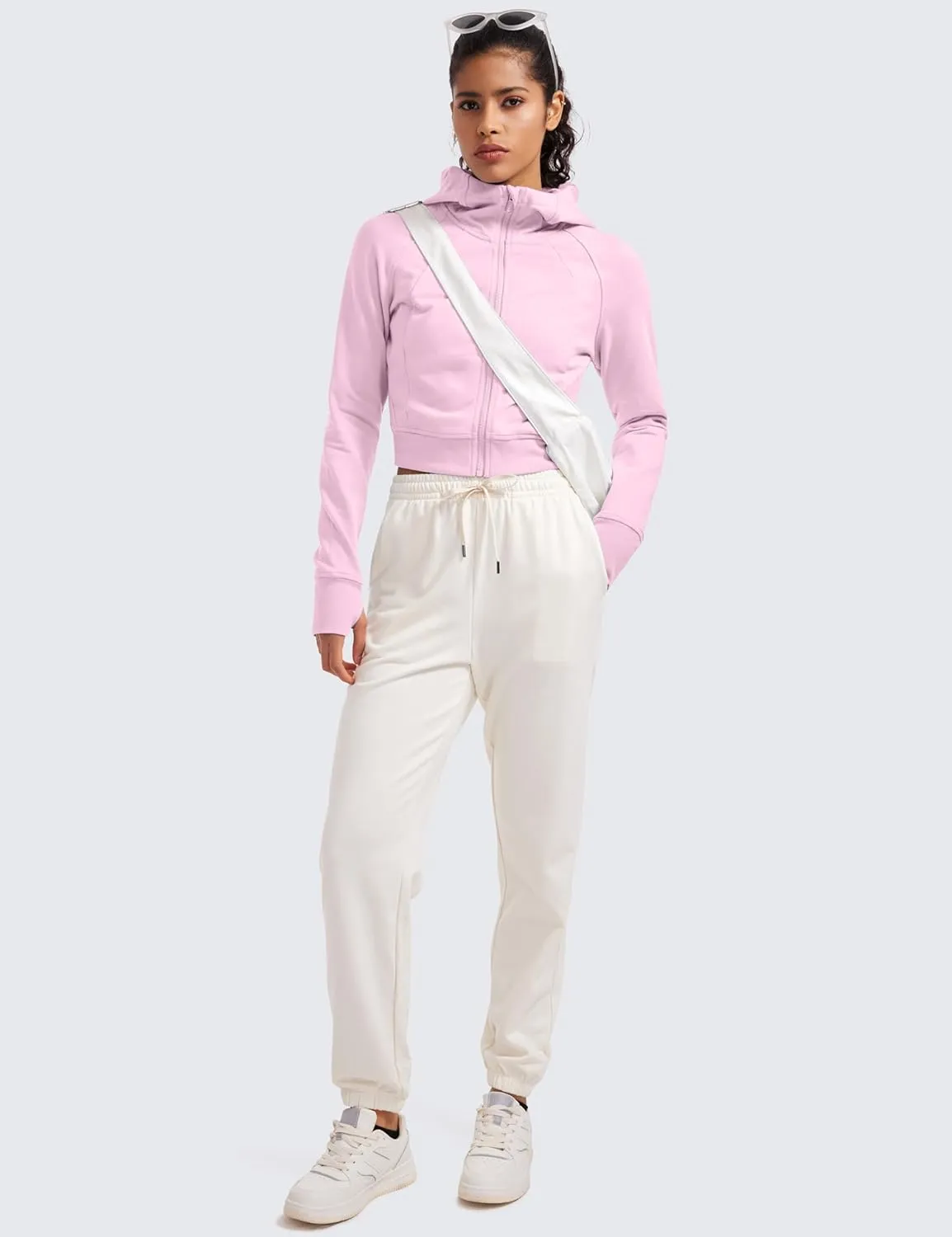 CRZ YOGA Womens Fleece Zip Up Cropped Hoodie Workout Jacket Athletic Casual Long Sleeve Sweatshirts with Thumb Holes