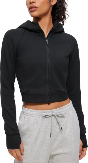 CRZ YOGA Womens Fleece Zip Up Cropped Hoodie Workout Jacket Athletic Casual Long Sleeve Sweatshirts with Thumb Holes