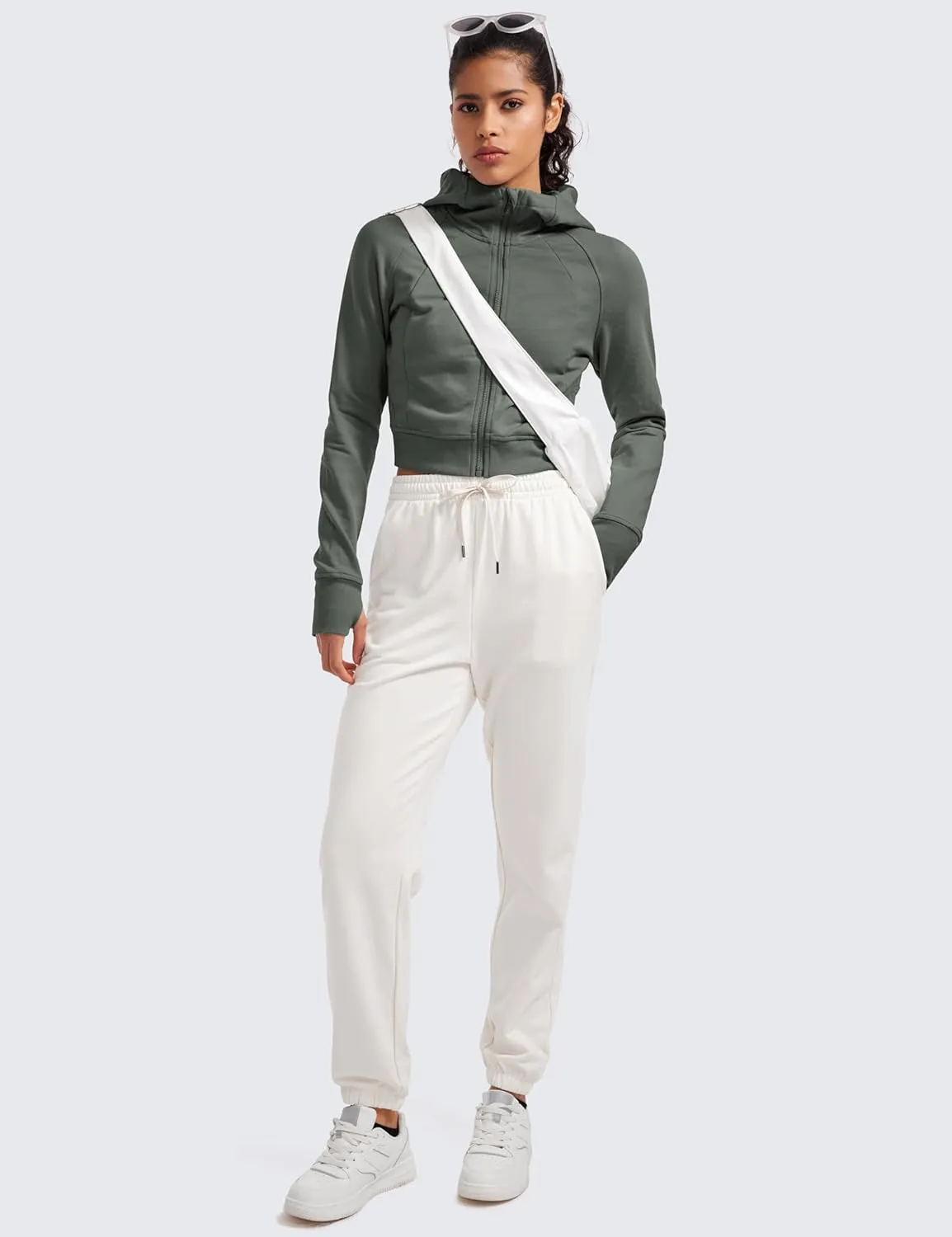 CRZ YOGA Womens Fleece Zip Up Cropped Hoodie Workout Jacket Athletic Casual Long Sleeve Sweatshirts with Thumb Holes