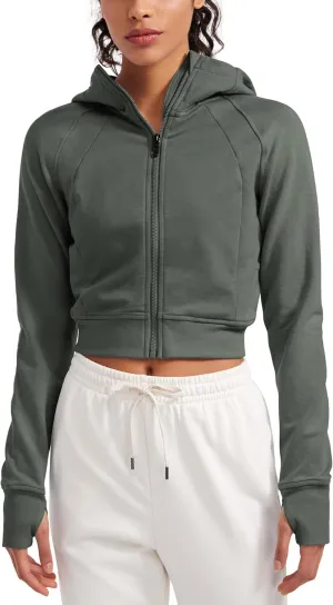 CRZ YOGA Womens Fleece Zip Up Cropped Hoodie Workout Jacket Athletic Casual Long Sleeve Sweatshirts with Thumb Holes