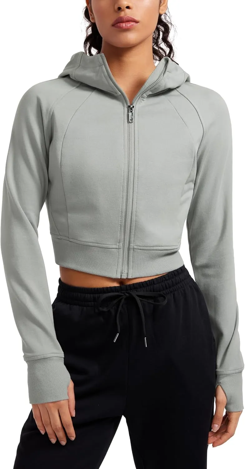 CRZ YOGA Womens Fleece Zip Up Cropped Hoodie Workout Jacket Athletic Casual Long Sleeve Sweatshirts with Thumb Holes