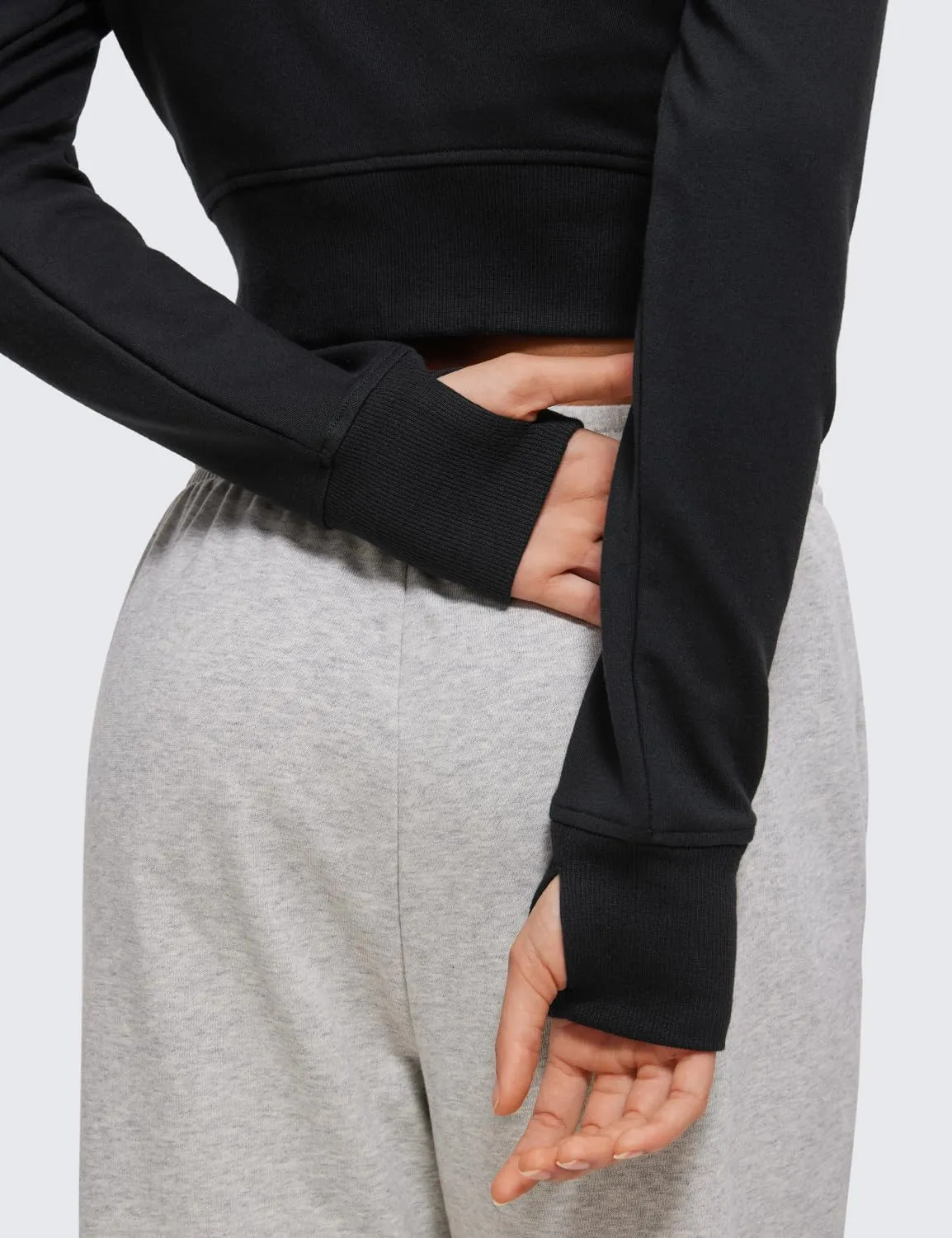 CRZ YOGA Womens Fleece Zip Up Cropped Hoodie Workout Jacket Athletic Casual Long Sleeve Sweatshirts with Thumb Holes