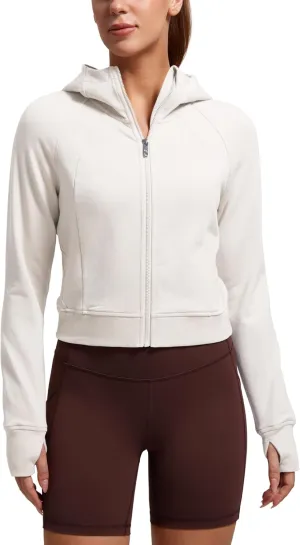 CRZ YOGA Womens Fleece Zip Up Cropped Hoodie Workout Jacket Athletic Casual Long Sleeve Sweatshirts with Thumb Holes