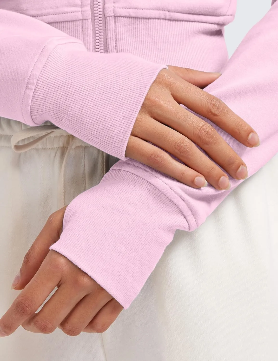 CRZ YOGA Womens Fleece Zip Up Cropped Hoodie Workout Jacket Athletic Casual Long Sleeve Sweatshirts with Thumb Holes