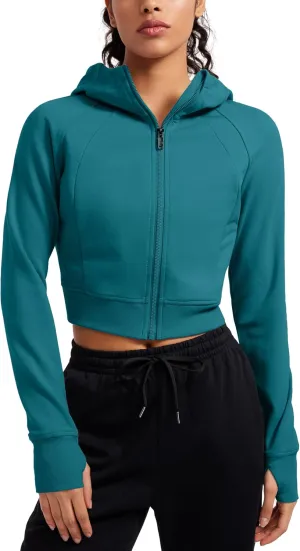 CRZ YOGA Womens Fleece Zip Up Cropped Hoodie Workout Jacket Athletic Casual Long Sleeve Sweatshirts with Thumb Holes