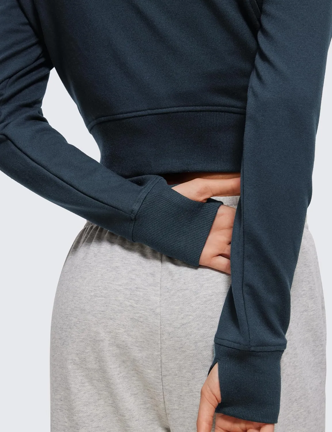 CRZ YOGA Womens Fleece Zip Up Cropped Hoodie Workout Jacket Athletic Casual Long Sleeve Sweatshirts with Thumb Holes