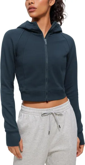 CRZ YOGA Womens Fleece Zip Up Cropped Hoodie Workout Jacket Athletic Casual Long Sleeve Sweatshirts with Thumb Holes
