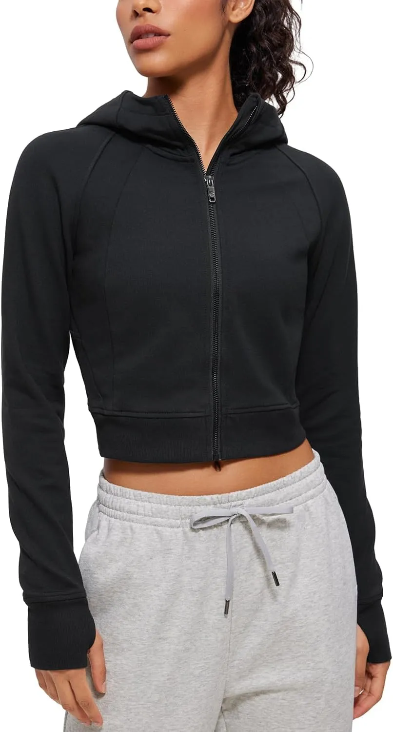CRZ YOGA Womens Fleece Zip Up Cropped Hoodie Workout Jacket Athletic Casual Long Sleeve Sweatshirts with Thumb Holes