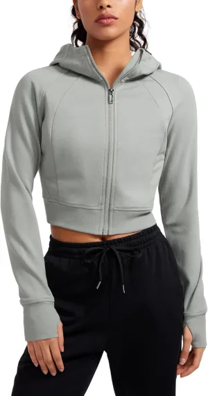CRZ YOGA Womens Fleece Zip Up Cropped Hoodie Workout Jacket Athletic Casual Long Sleeve Sweatshirts with Thumb Holes