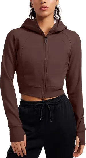 CRZ YOGA Womens Fleece Zip Up Cropped Hoodie Workout Jacket Athletic Casual Long Sleeve Sweatshirts with Thumb Holes