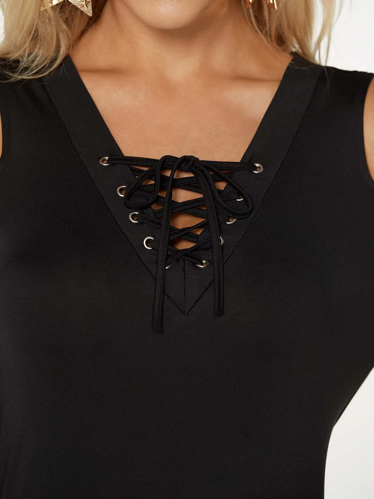 Custom Cold Shoulder Lace-Up 3/4 Sleeve Black Top