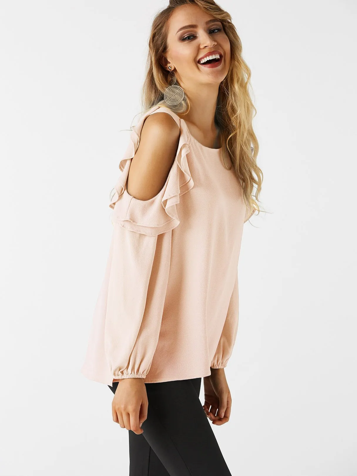 Custom Crew Neck Round Neck Tiered Hollow Cut Out Long Sleeve Flounced Hem Pink T-Shirts