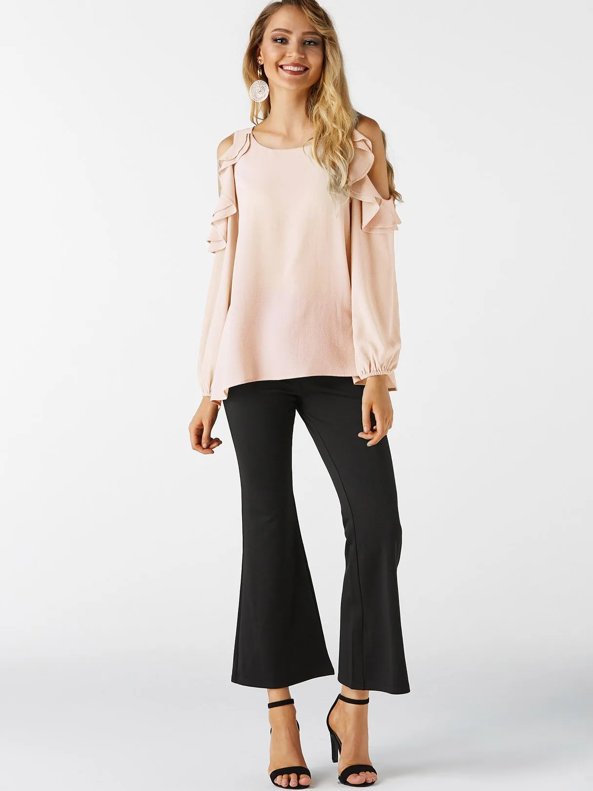 Custom Crew Neck Round Neck Tiered Hollow Cut Out Long Sleeve Flounced Hem Pink T-Shirts
