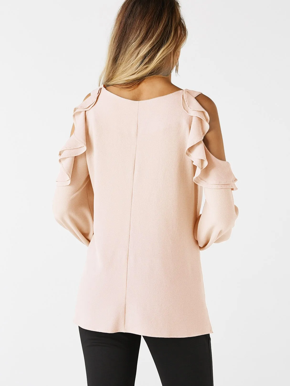 Custom Crew Neck Round Neck Tiered Hollow Cut Out Long Sleeve Flounced Hem Pink T-Shirts