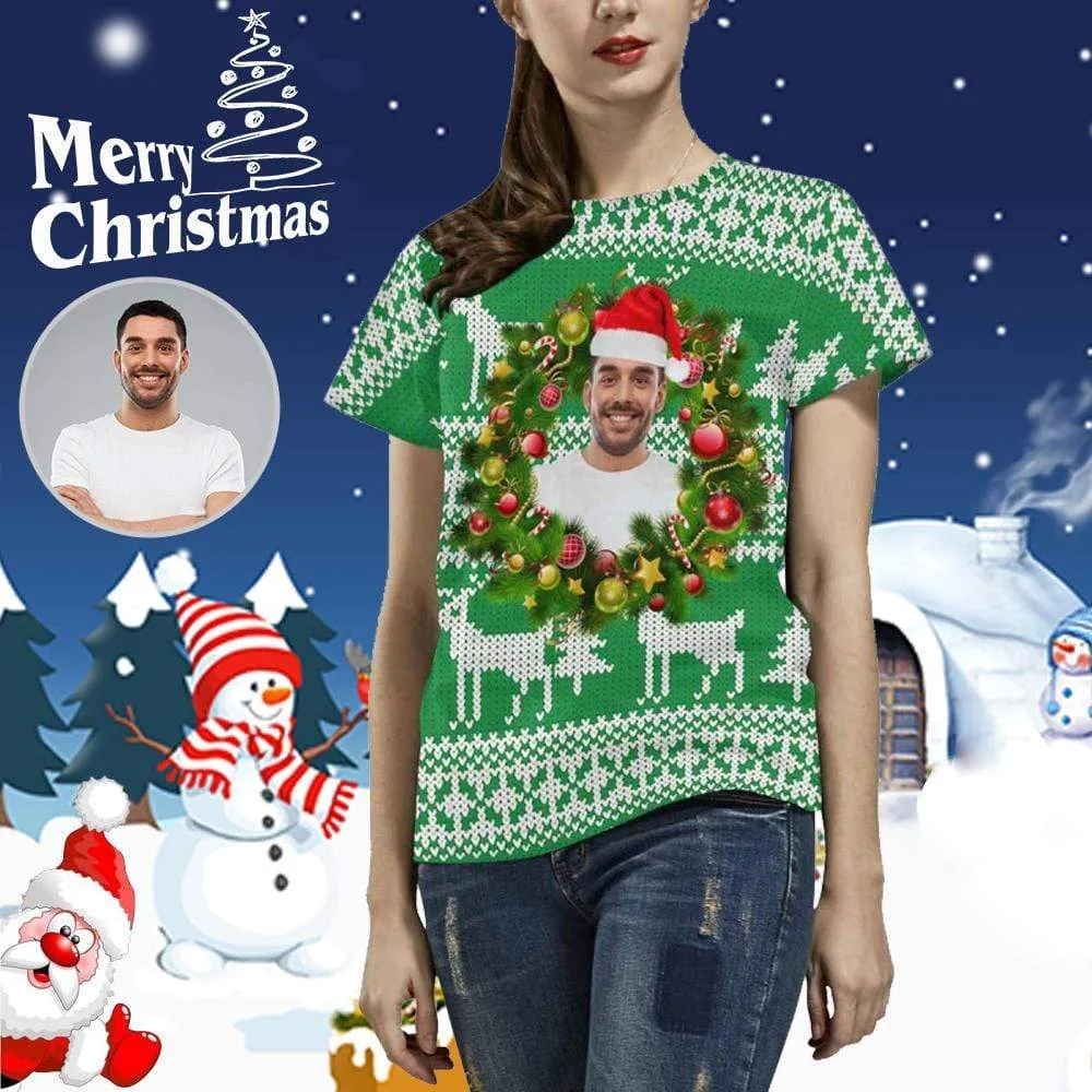 Custom Face Tee Christmas Tree Women's All Over Print T-shirt Design Your Own Shirts Gift for Xmas