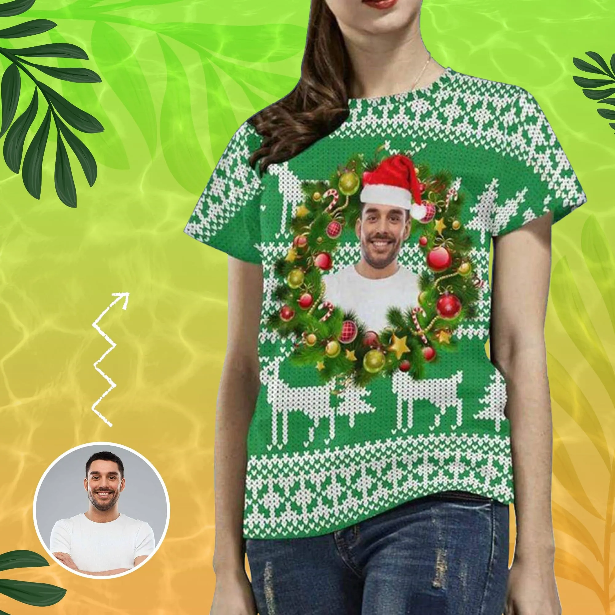 Custom Face Tee Christmas Tree Women's All Over Print T-shirt Design Your Own Shirts Gift for Xmas